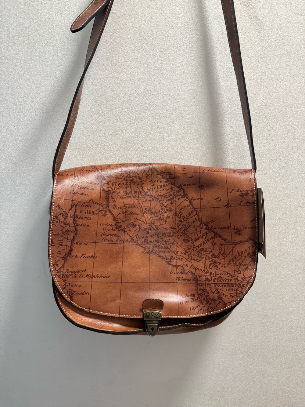 New Patricia Nash Braidi Signature Map Collection Brown Leather Large Saddle Bag